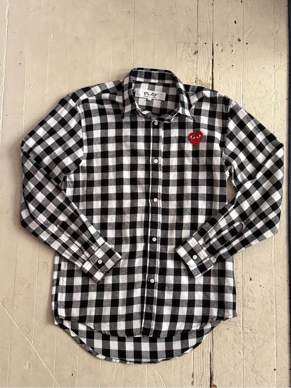 Comme des Garcons Black & White Check Shirt with Red Heart Patch